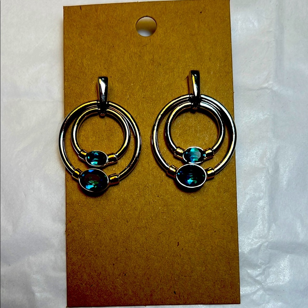 NWOT Elegant Silver & Gold Tone Blue Stone Hoop Pierced Earrings